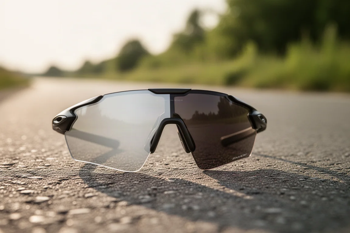 Gafas de ciclismo sobre asfalto soleado con un suave degradado de luz en la lente