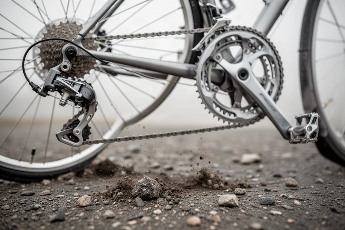 Primer plano de una cadena de bicicleta colocada de nuevo en un plato junto a un camino de grava