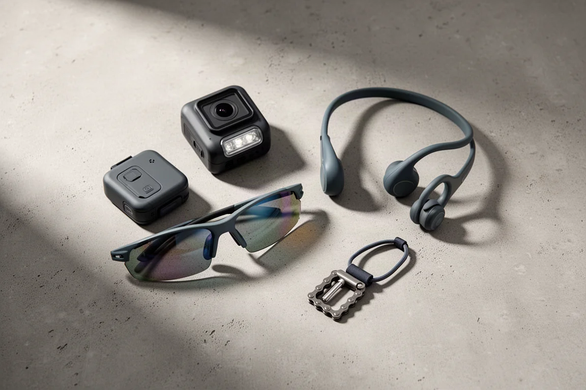 Flat-lay of budget cycling accessories on a concrete surface