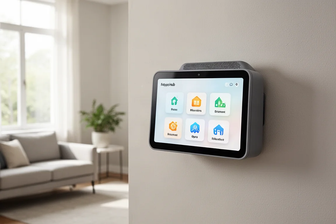 Amazon Echo Hub an einer Wand in einem hellen, modernen Wohnzimmer montiert