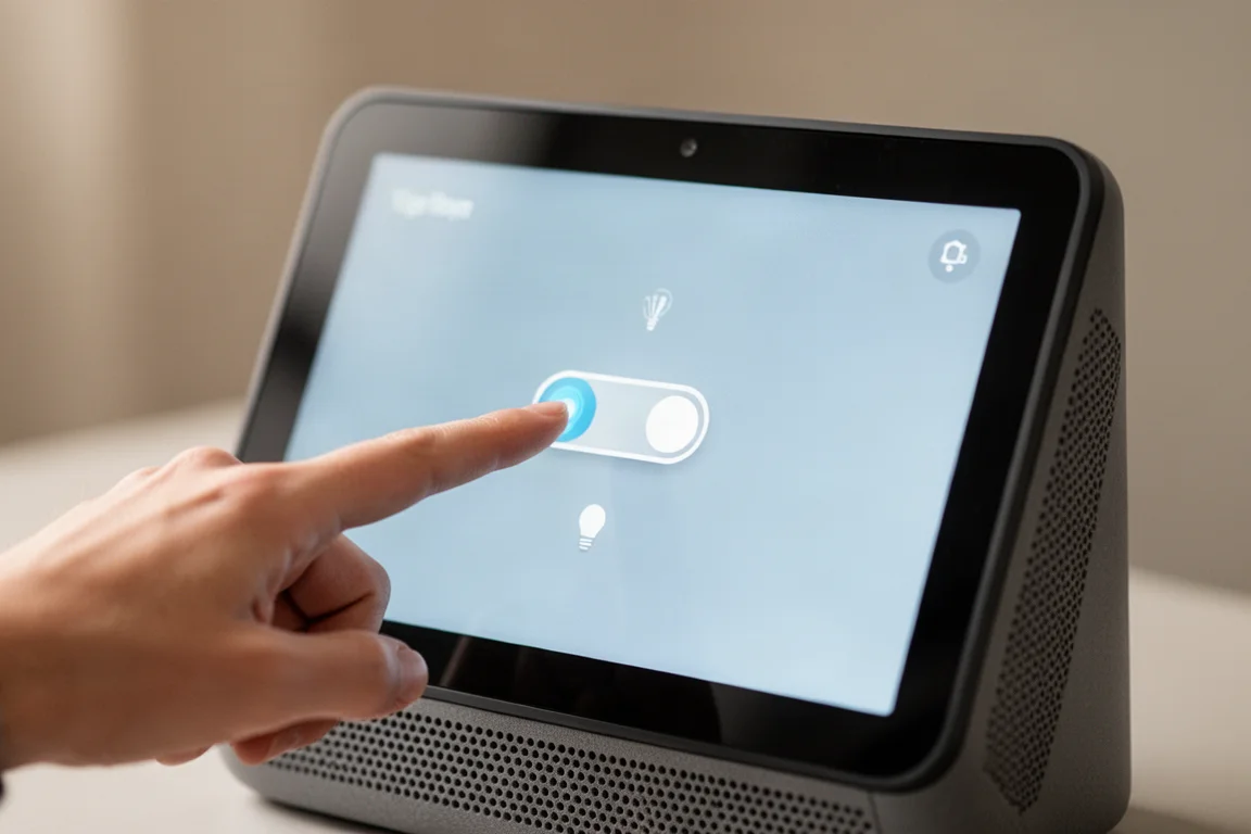 Nahaufnahme einer Hand, die auf dem Echo-Hub-Display eine Smart-Home-Lichtsteuerung antippt