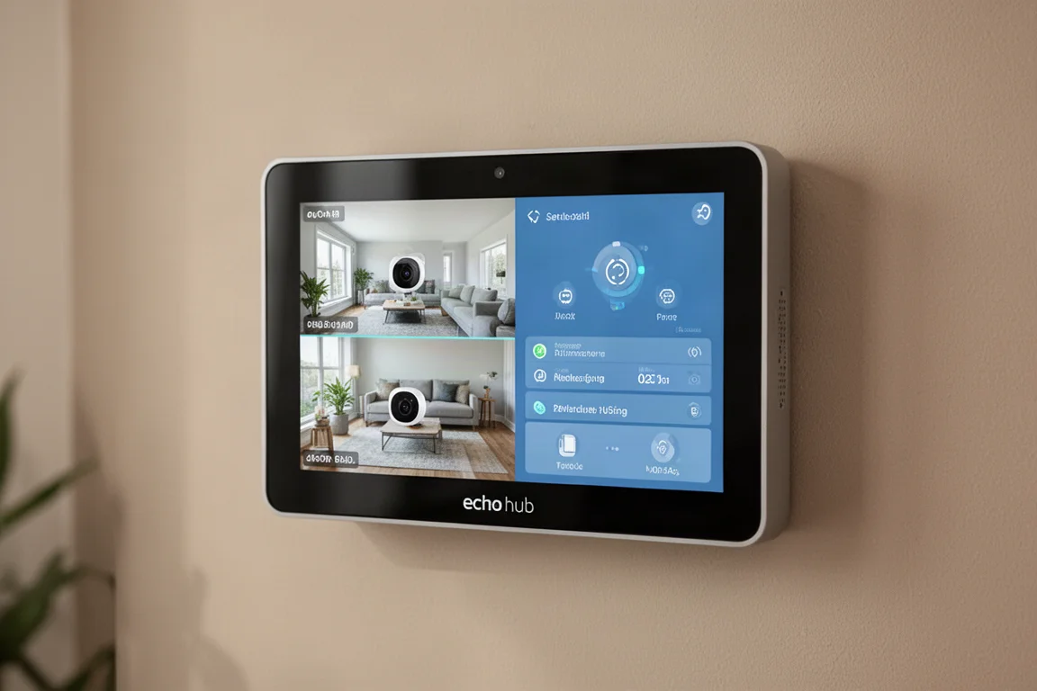 Echo-Hub-Display, das einen Live-Kamerafeed in einer Sicherheitsansicht für Zuhause zeigt