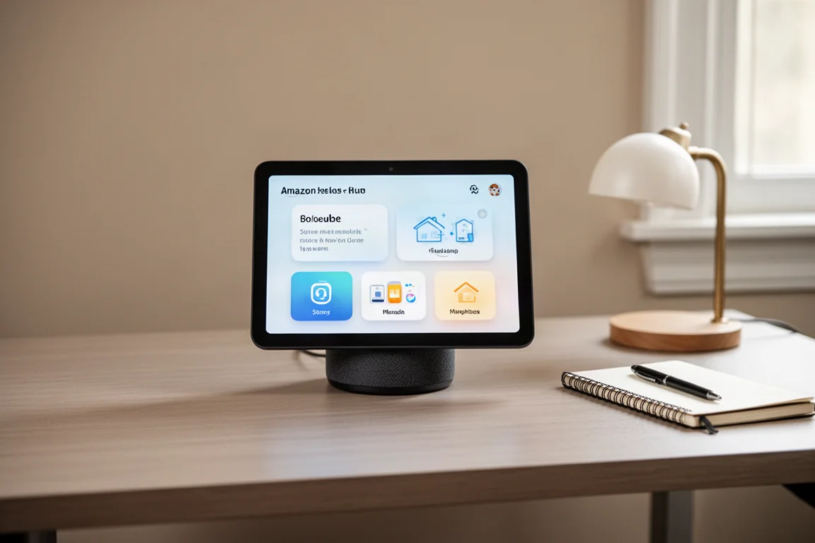 Echo Hub auf einem Tischständer in einem Heimbüro mit Lampe und Notizbuch daneben
