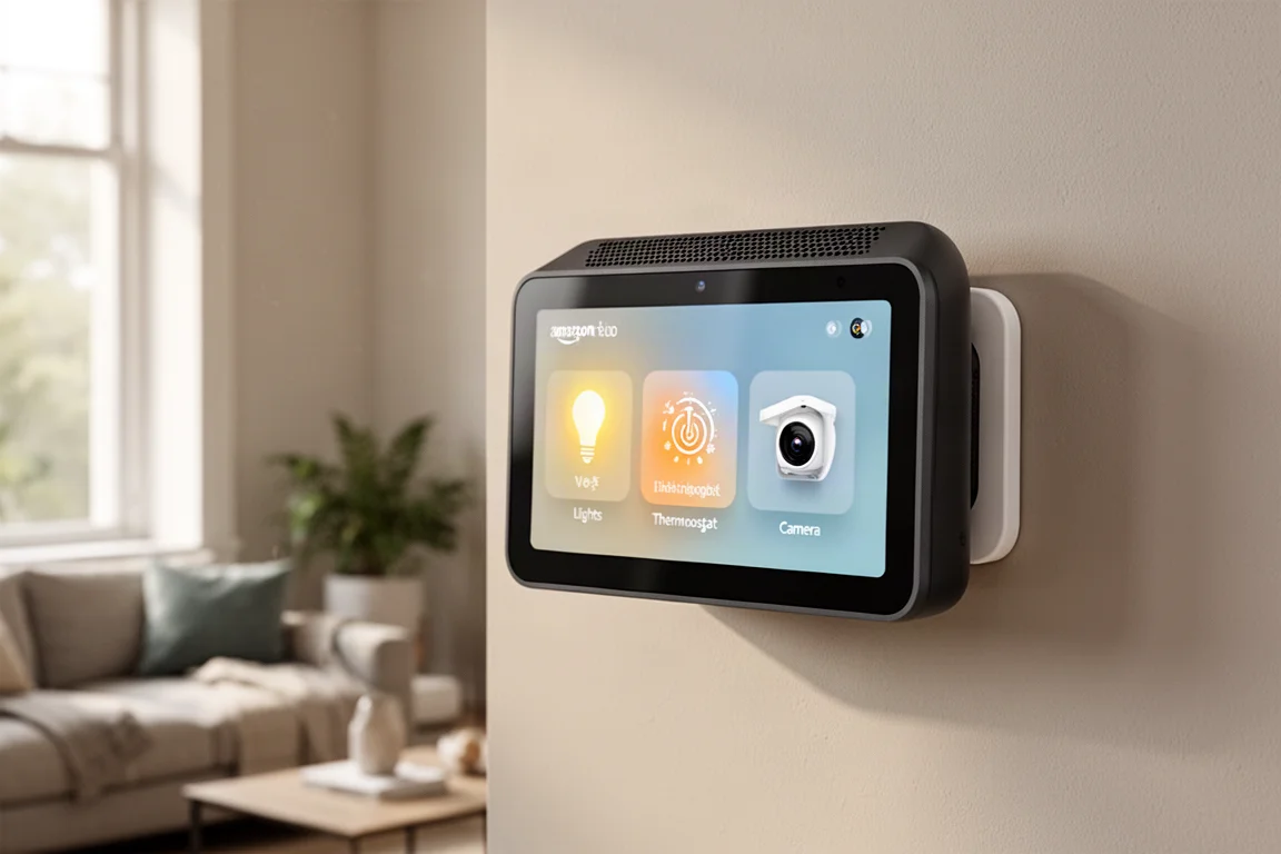 Amazon Echo Hub montato a parete che mostra un pannello di controllo per la smart home