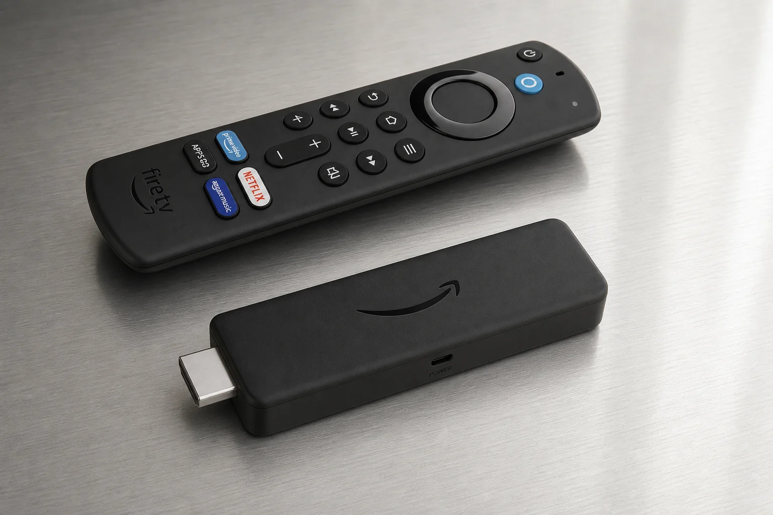 Five streaming devices arranged in descending order on concrete surface