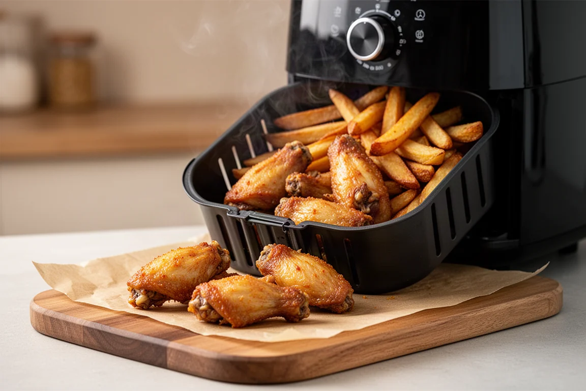 Gyllene krispiga vingar och pommes frites serverade färska ur en airfryer-korg