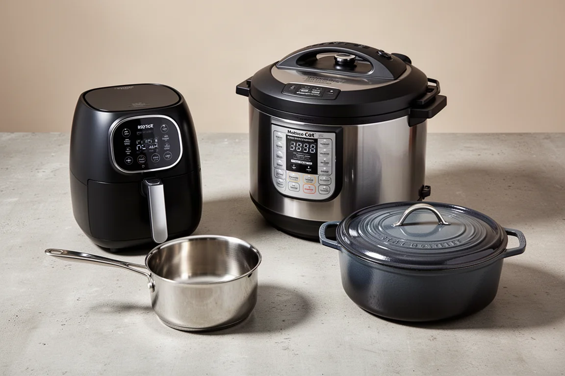 Air fryer, multicooker, saucepan, and Dutch oven arranged on a concrete surface