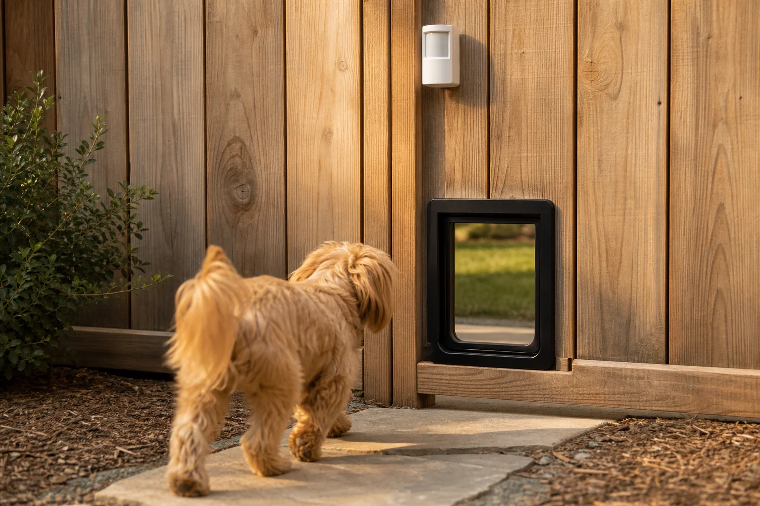 Dog entering doggy door with motion sensor mounted above