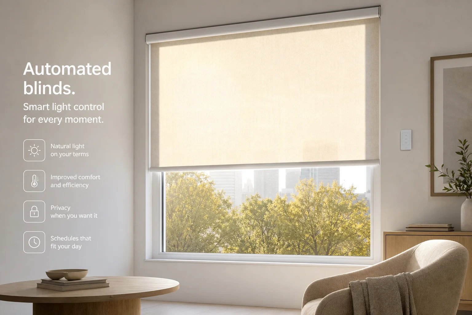 Smart blinds partially open with morning sunlight streaming through