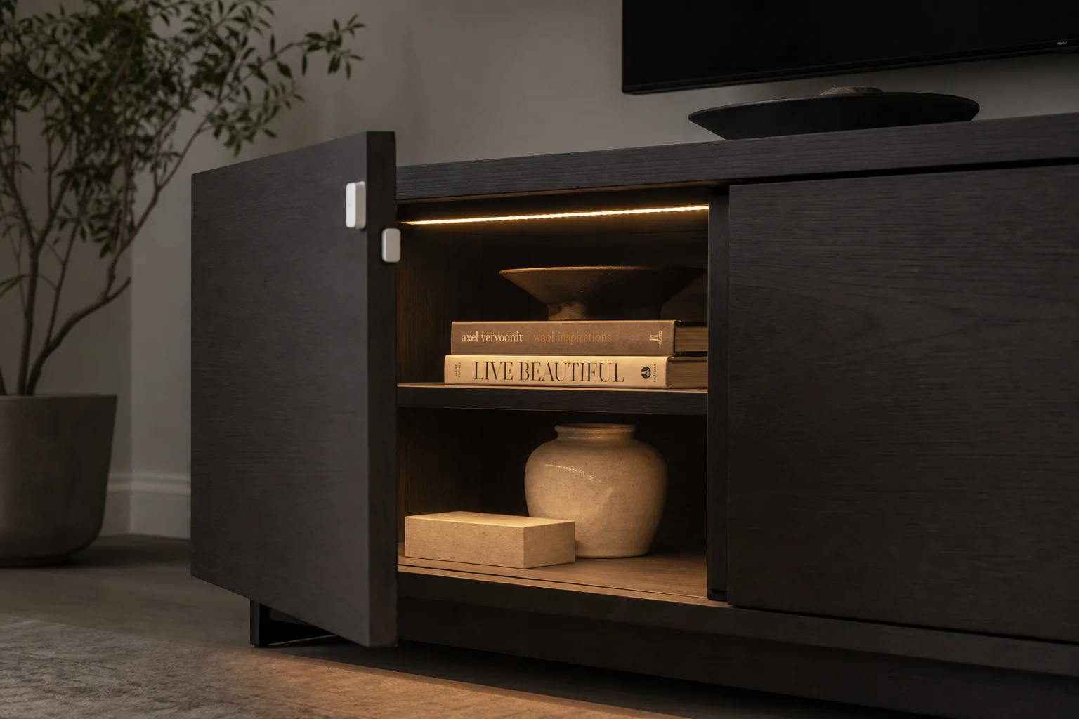 Media cabinet with contact sensor and LED light strips illuminated