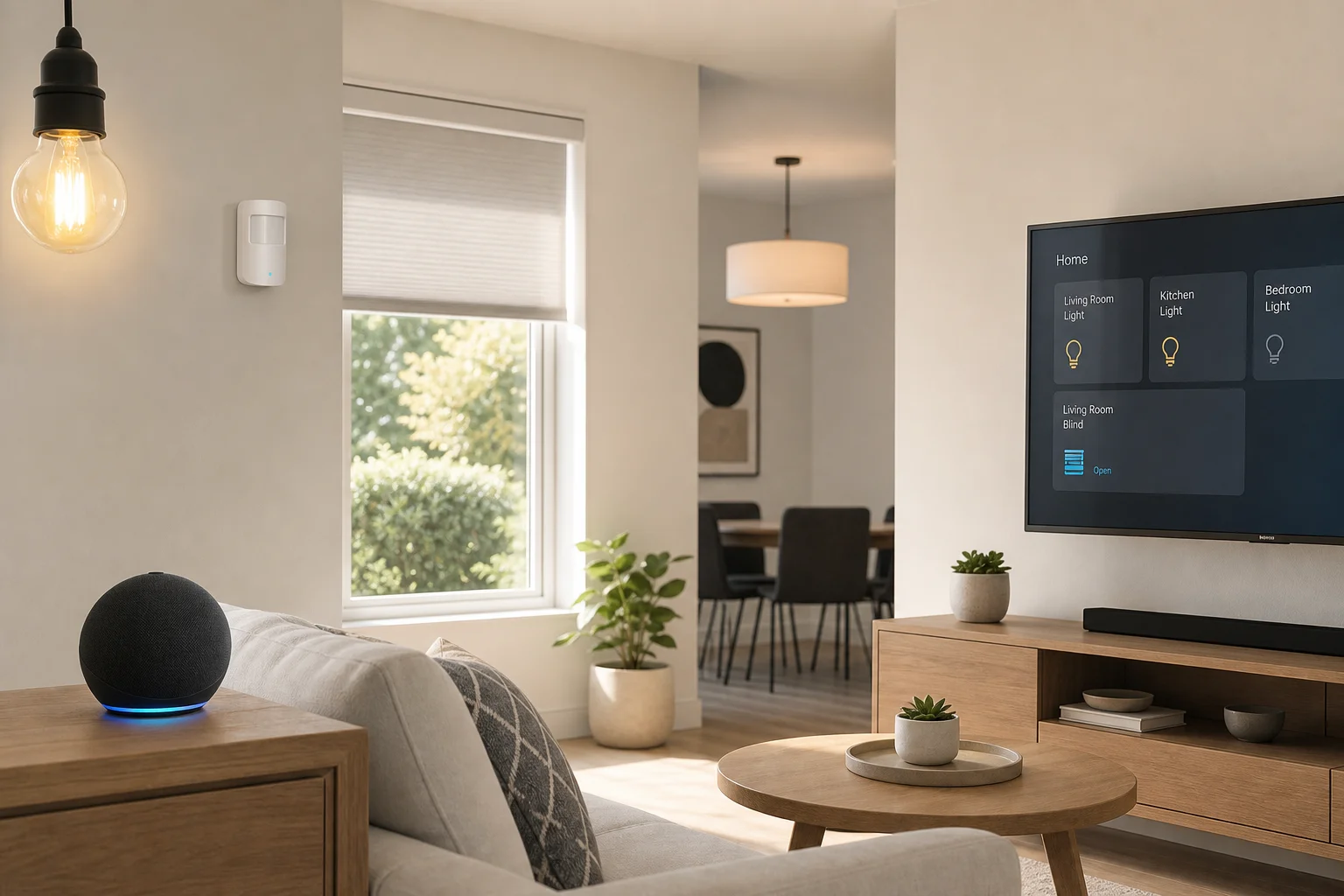 Modern living room with multiple smart home devices and ambient lighting