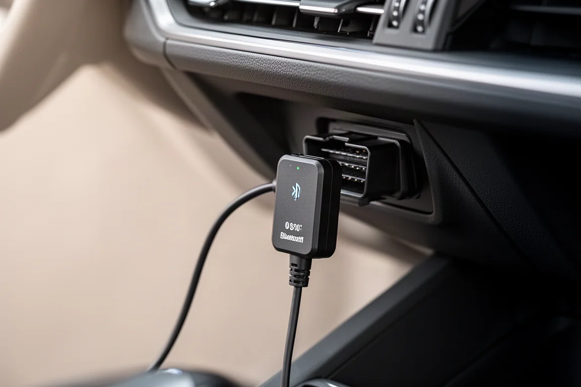 Kleine Bluetooth OBD2-adapter ingestoken in de diagnosepoort van een auto-dashboard