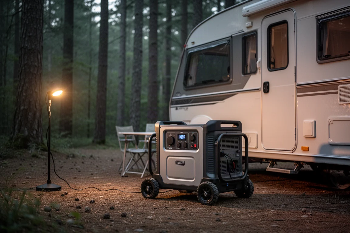 Draagbaar powerstation op wielen naast een camper opgezet in de schemering