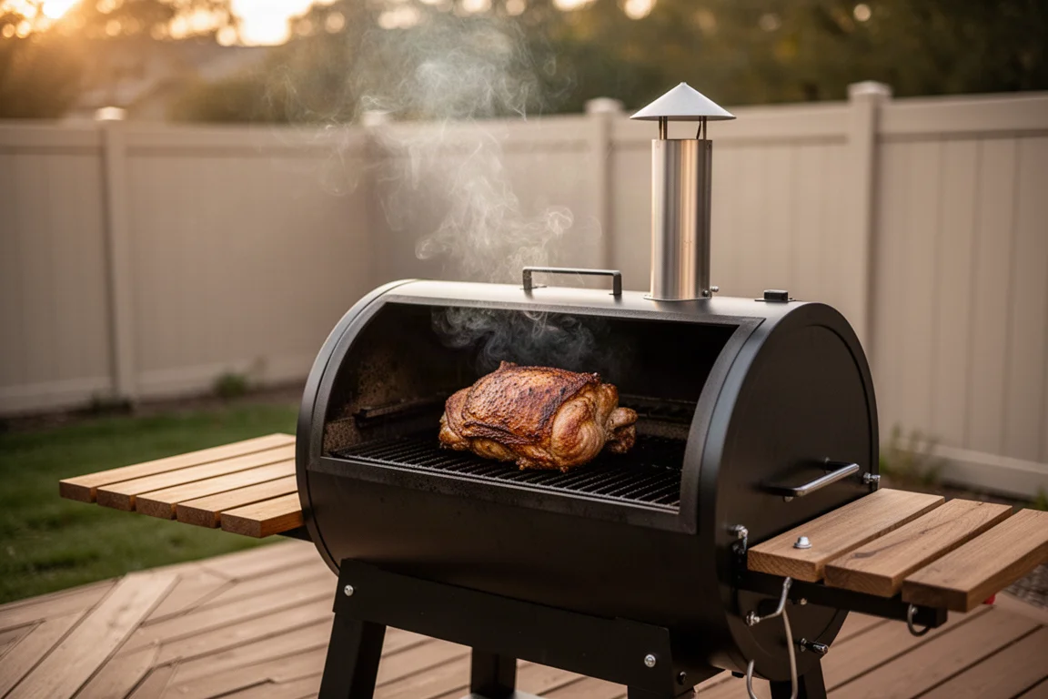 Pelletgrill rookt een gebraad op een achterterras in avondlicht
