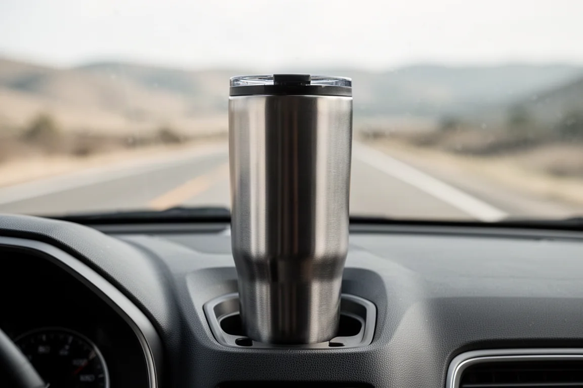 Geïsoleerde roestvrijstalen beker in de bekerhouder van een dashboard tijdens een roadtrip