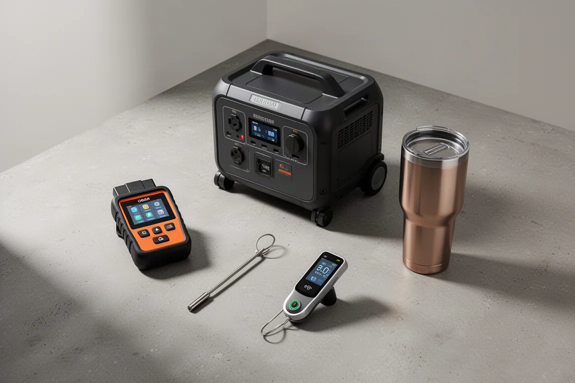 Flat-lay of car scan tool, power station, meat thermometer, and insulated tumbler on concrete