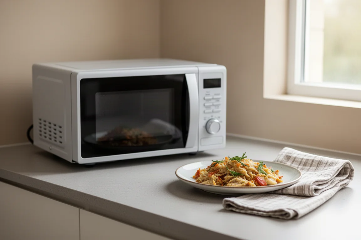 Persoon verwarmt restjes in een compacte magnetron op het aanrecht in een moderne keuken