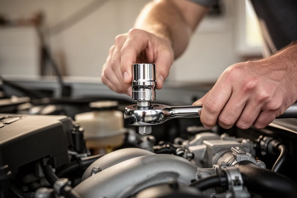 Close-up van een chroom dop die op een ratel wordt geplaatst bovenop een automotorblok