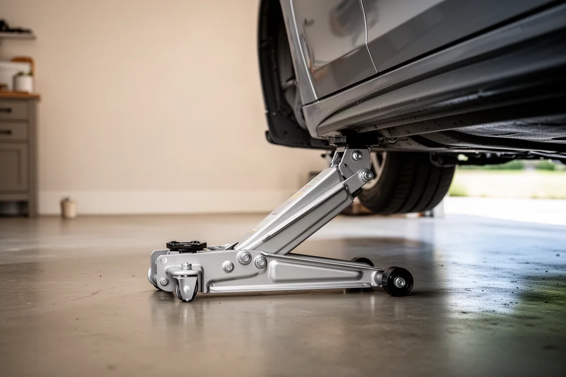 Compacte aluminium racingkrik tilt een hoek van een auto op in een thuiskarage