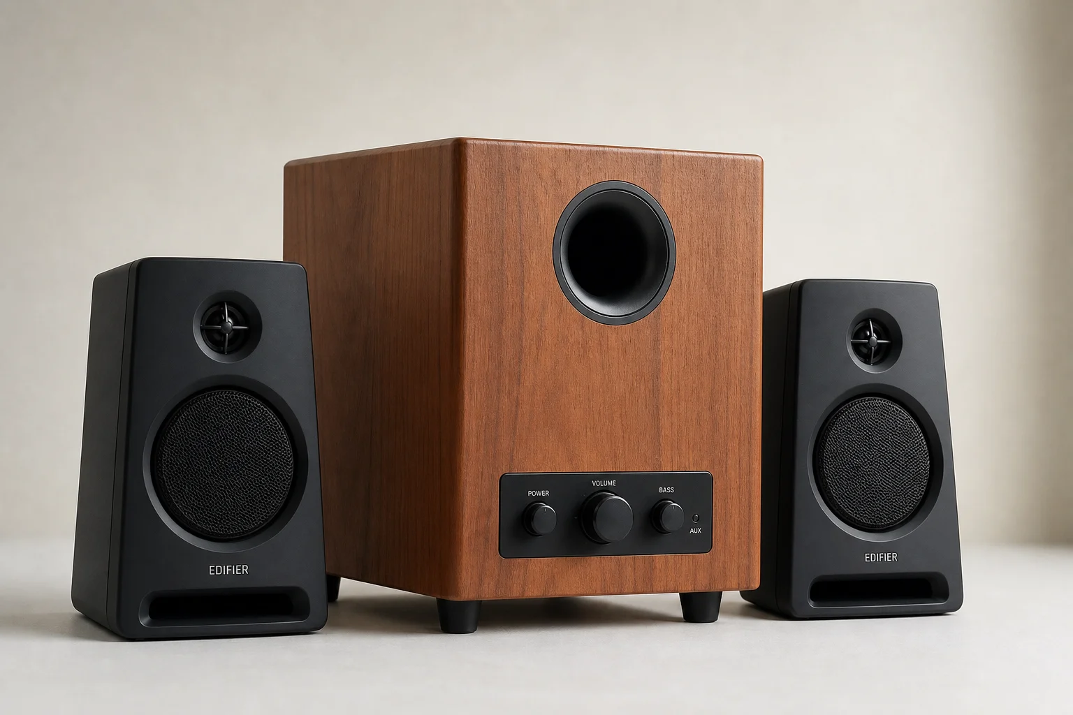 Cinco sistemas de altavoces organizados por tamaño, desde compactos hasta premium, sobre una superficie de hormigón
