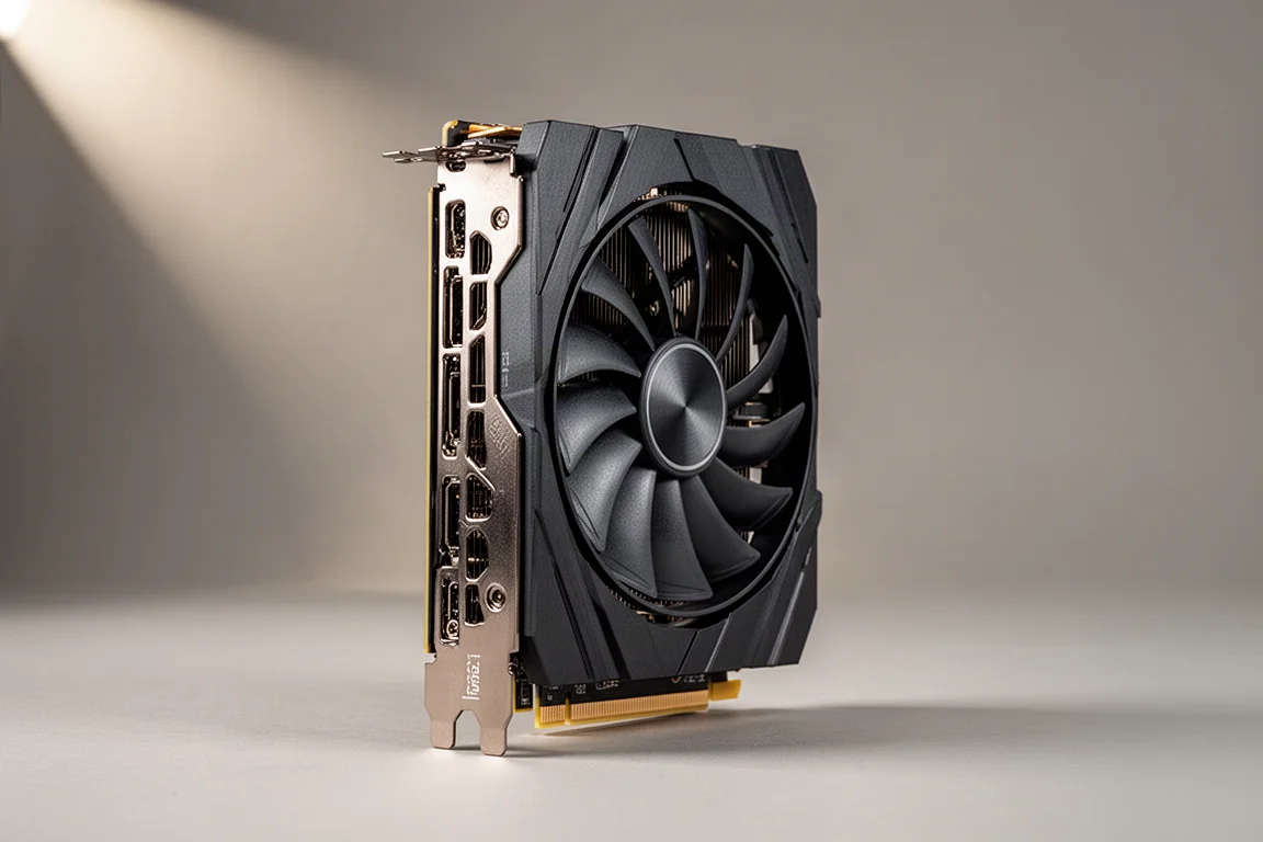 四張 AMD 與 NVIDIA 顯示卡排列在霧面黑色表面上
