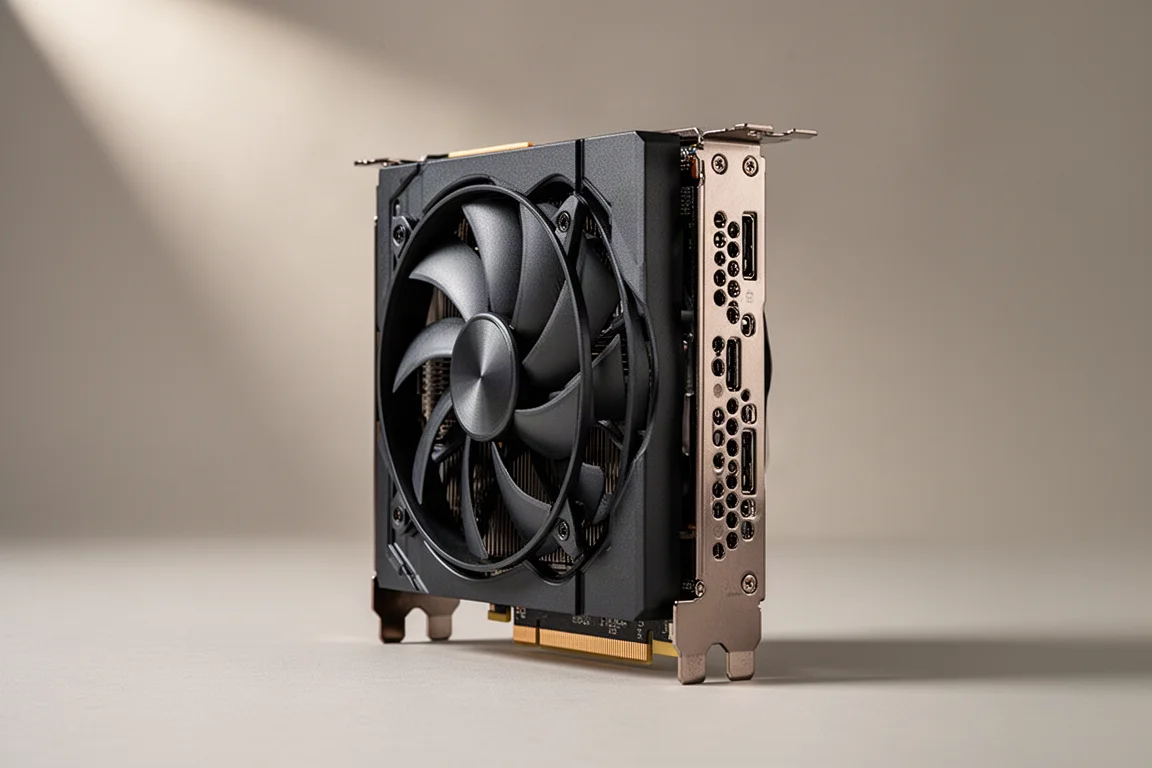 Four graphics cards from AMD and NVIDIA arranged on a matte black surface