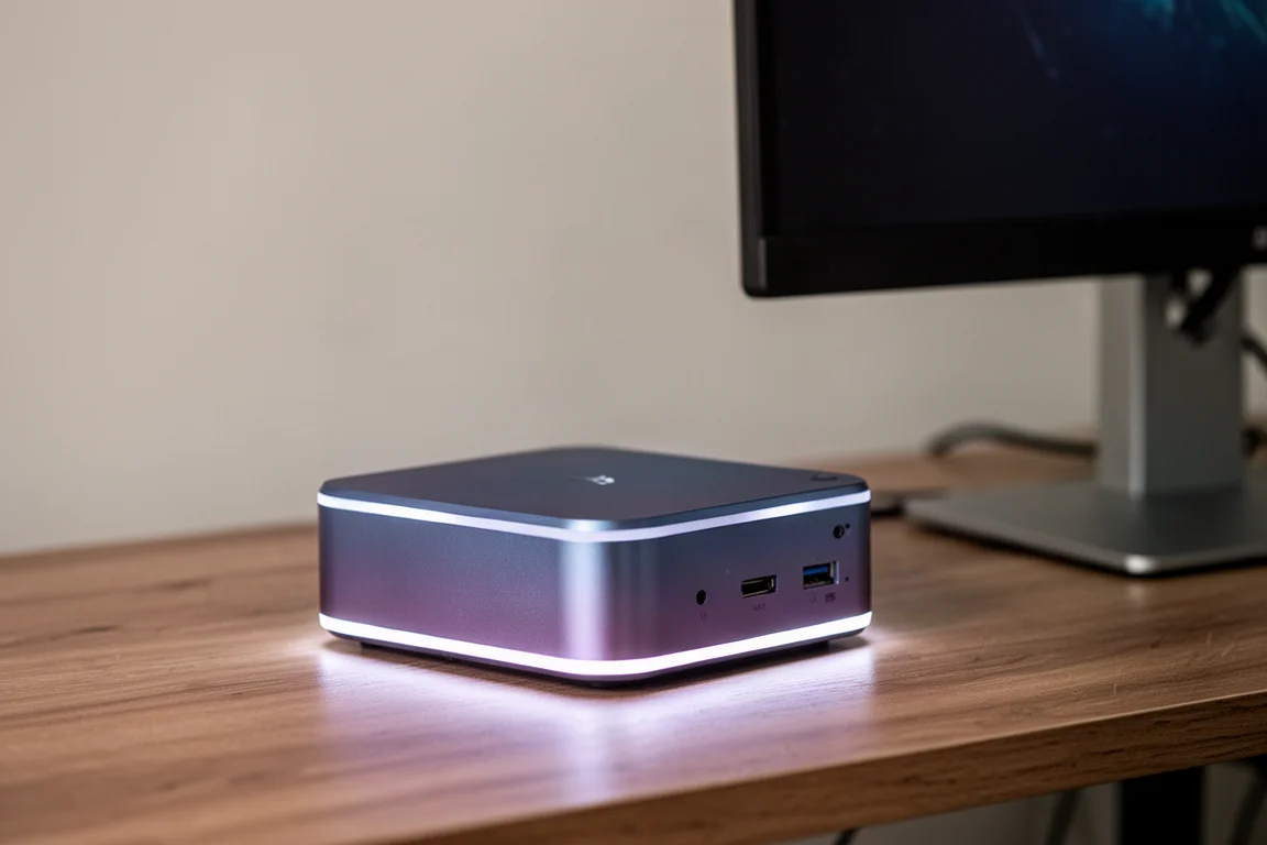 Mini PC compacto com acabamento em gradiente azul-arroxeado e faixa de LED branca sobre uma mesa
