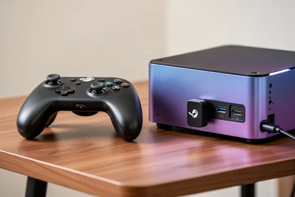 Controle Steam com receptor sem fio em uma mesa ao lado de um mini PC