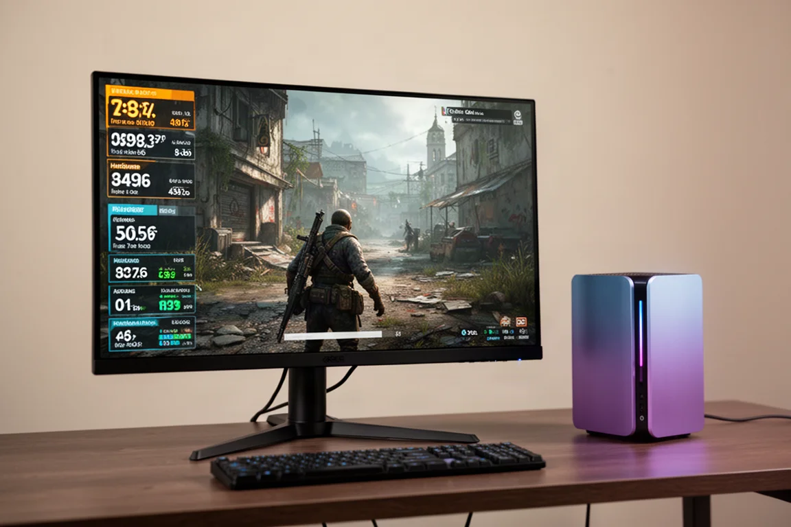 Monitor gamer exibindo uma sobreposição de desempenho com métricas de taxa de quadros