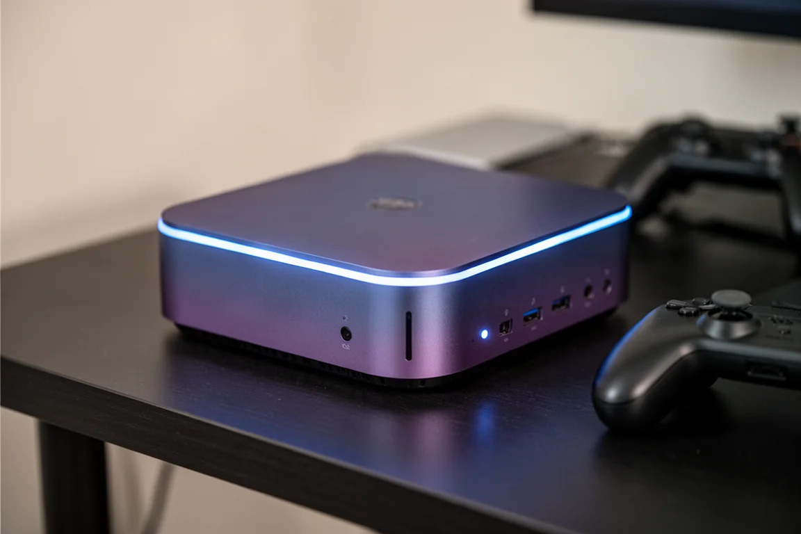 Close-up de um mini PC com LED branco ficando azul, indicando modo de suspensão
