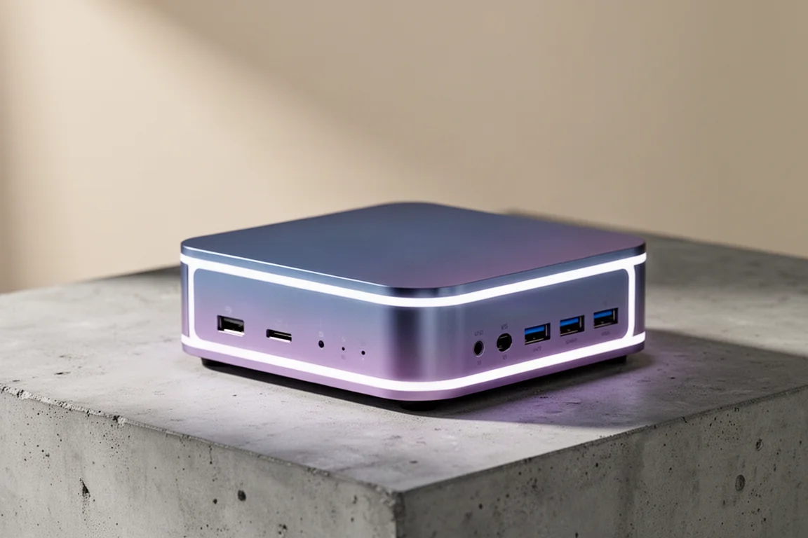Mini PC AMD Ryzen AI Max Plus 395 con finitura sfumata blu-violacea e striscia LED bianca