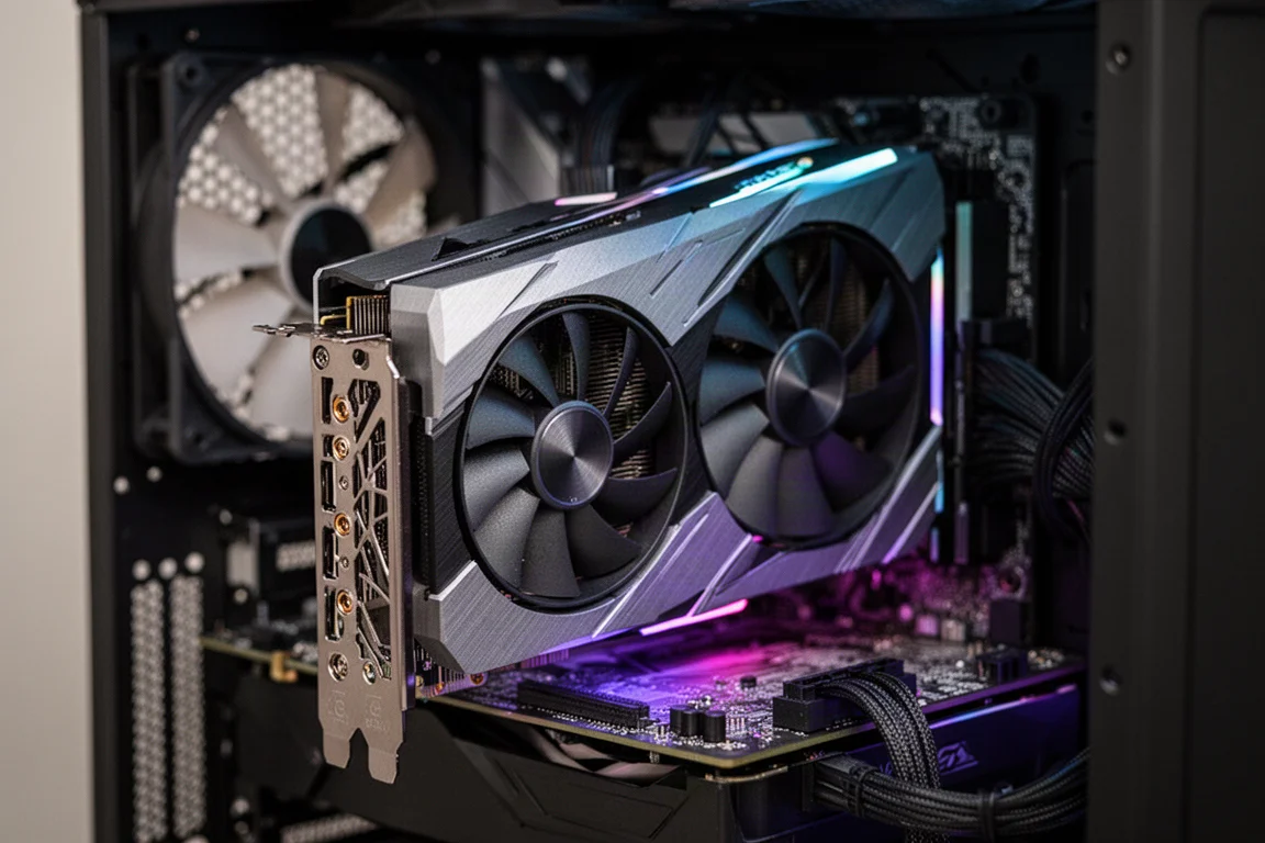 安裝在 PC 中的顯示卡特寫,帶有 RGB 燈光