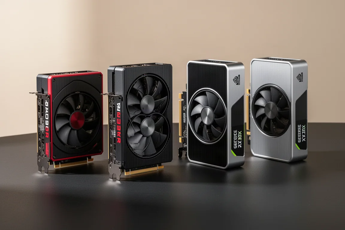 Quattro schede grafiche AMD e NVIDIA disposte su una superficie nera opaca