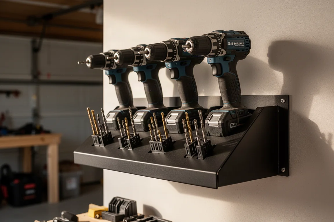 Aan de muur gemonteerde organizer met accuboormachines op de bovenste plank