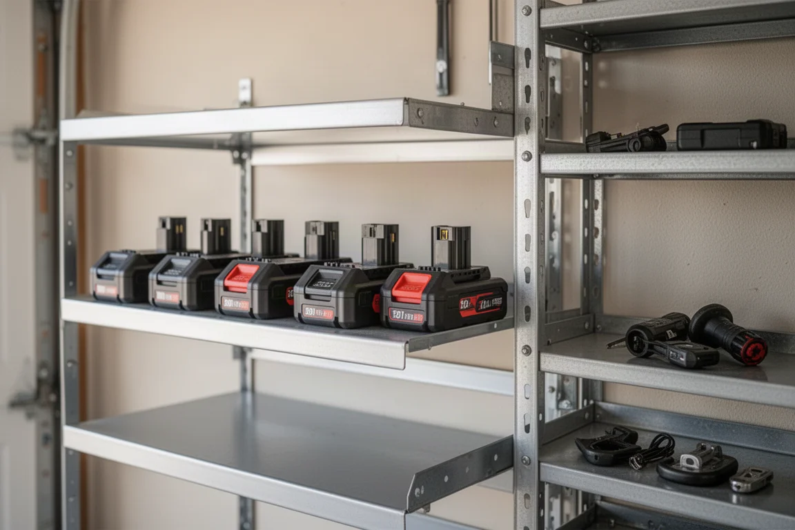 Accu's van boormachines op een plank van de organizer in een werkplaats