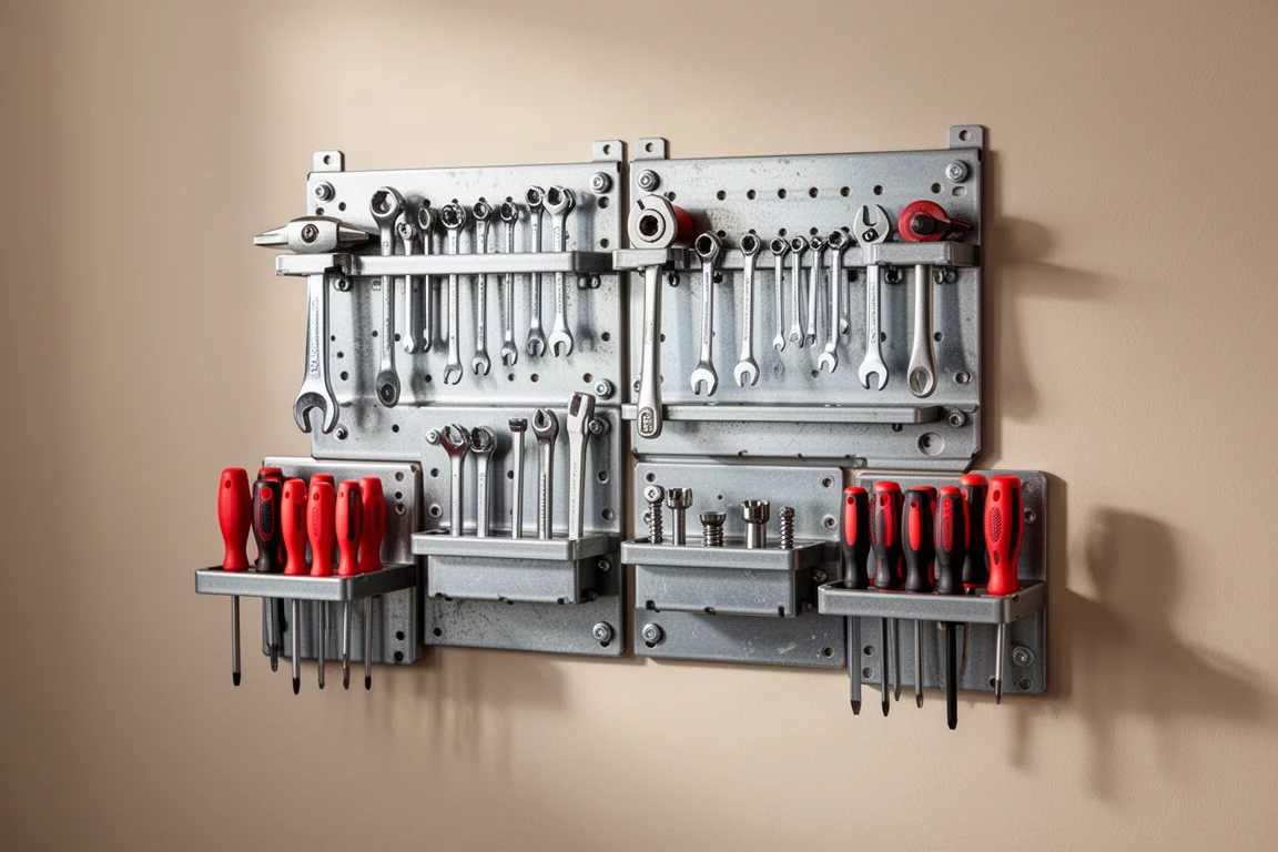 Organizer aan de muur met zijhouders voor accessoires in een werkplaats