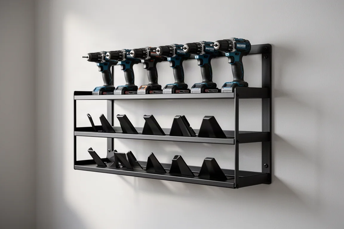 Matte black wall-mounted power tool organizer holding several cordless drills