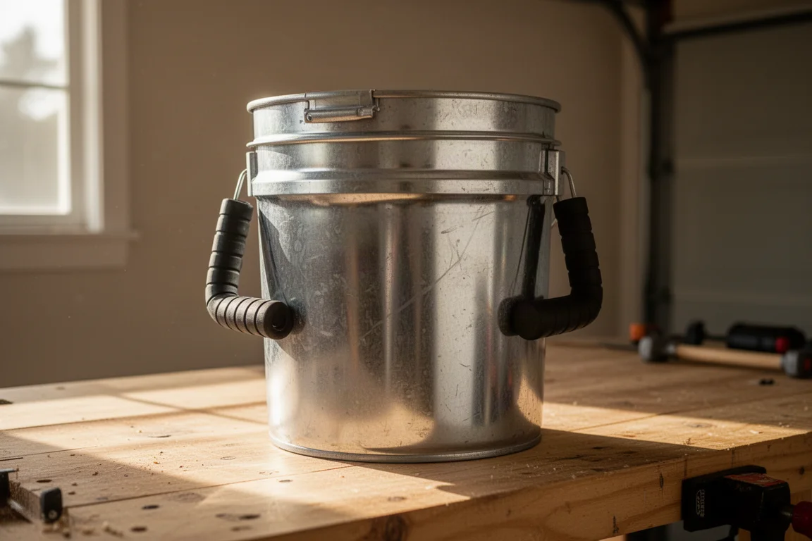 Emmer van vijf gallon met twee rubberen greephandvatten op een werkbank