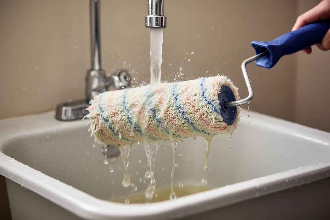 Verfroller die onder stromend water bij een spoelbak wordt gereinigd