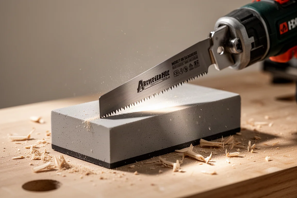 Zaagblad van een oscillerende multitool dat op een compact blok wordt geslepen