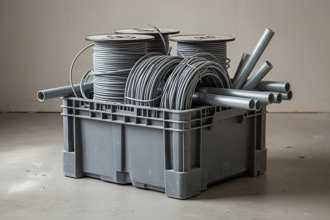 Geperste plastic krat met opgerolde rollen elektrische draad in een werkplaats