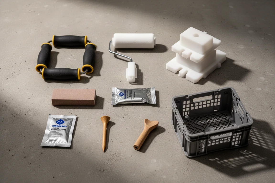 Uitgelegde opstelling van zeven kleine werkplaats- en buitenproducten op een betonnen oppervlak