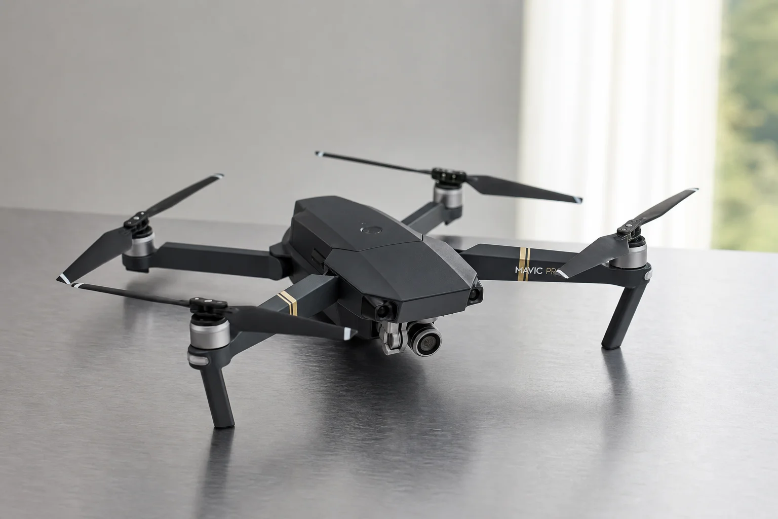 Five budget camera drones in various designs and colors arranged on concrete