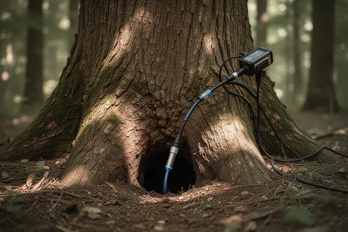 Inspectiekabel van endoscopische camera wordt in een holle boom gestoken