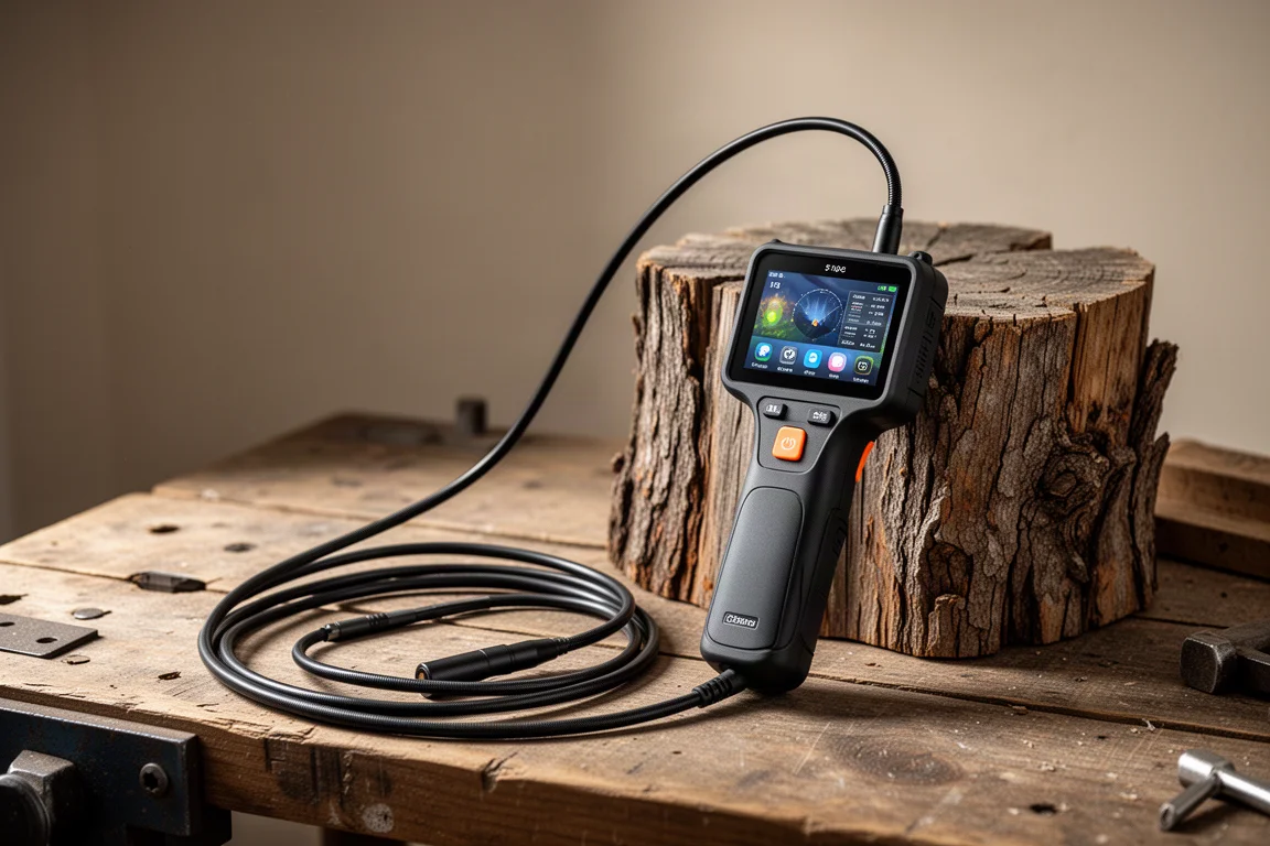 Handheld inspection endoscope with screen and coiled cable on a wooden workbench