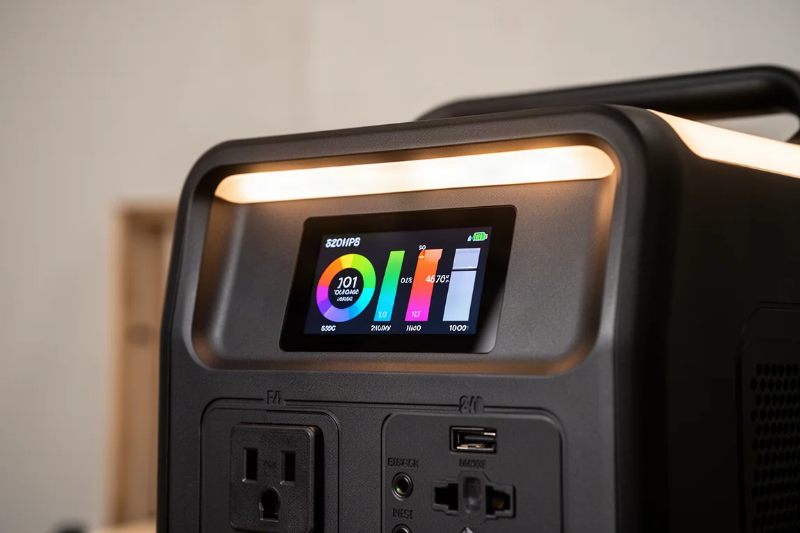 Display van een draagbare power station en verlichte accentlamp op een werktafel