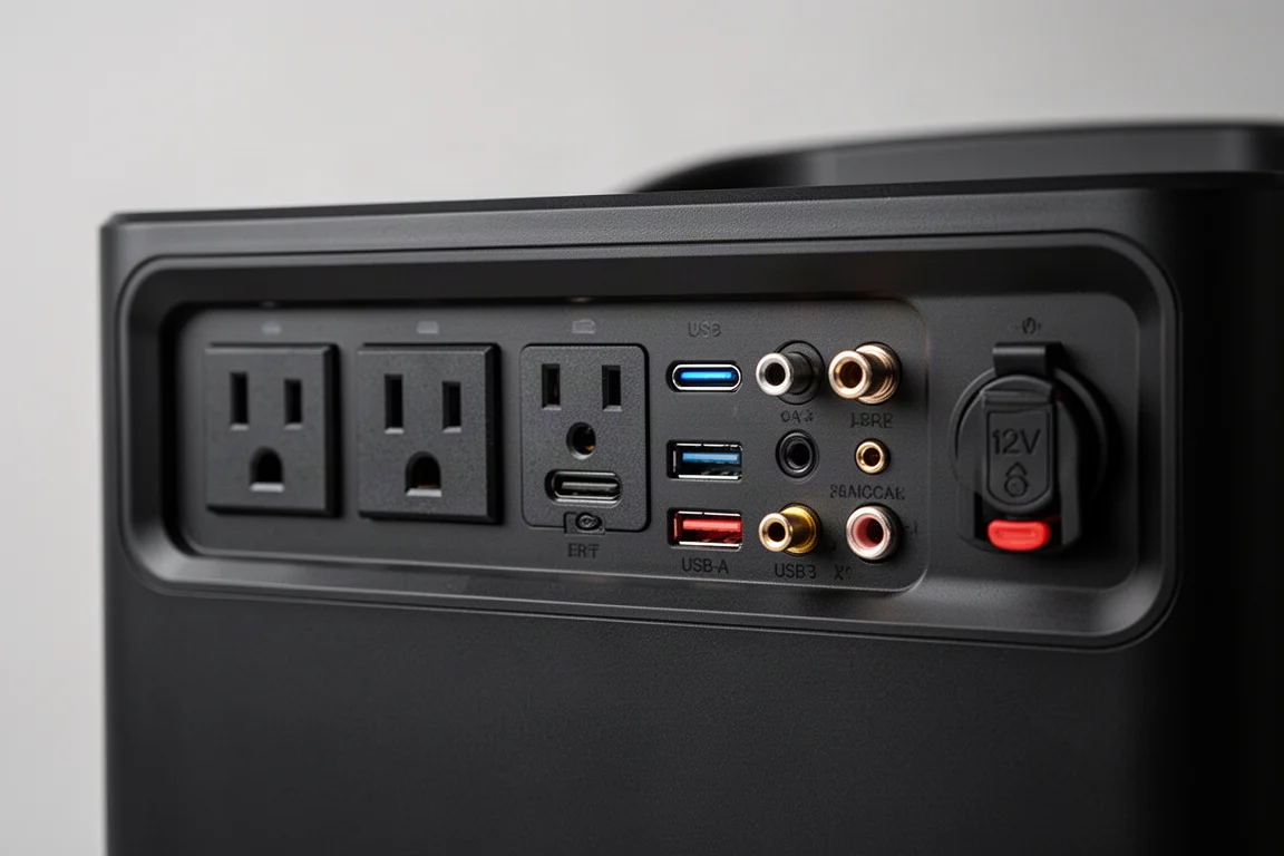 Close-up van AC-stopcontacten, USB-poorten en connectoren op een power station