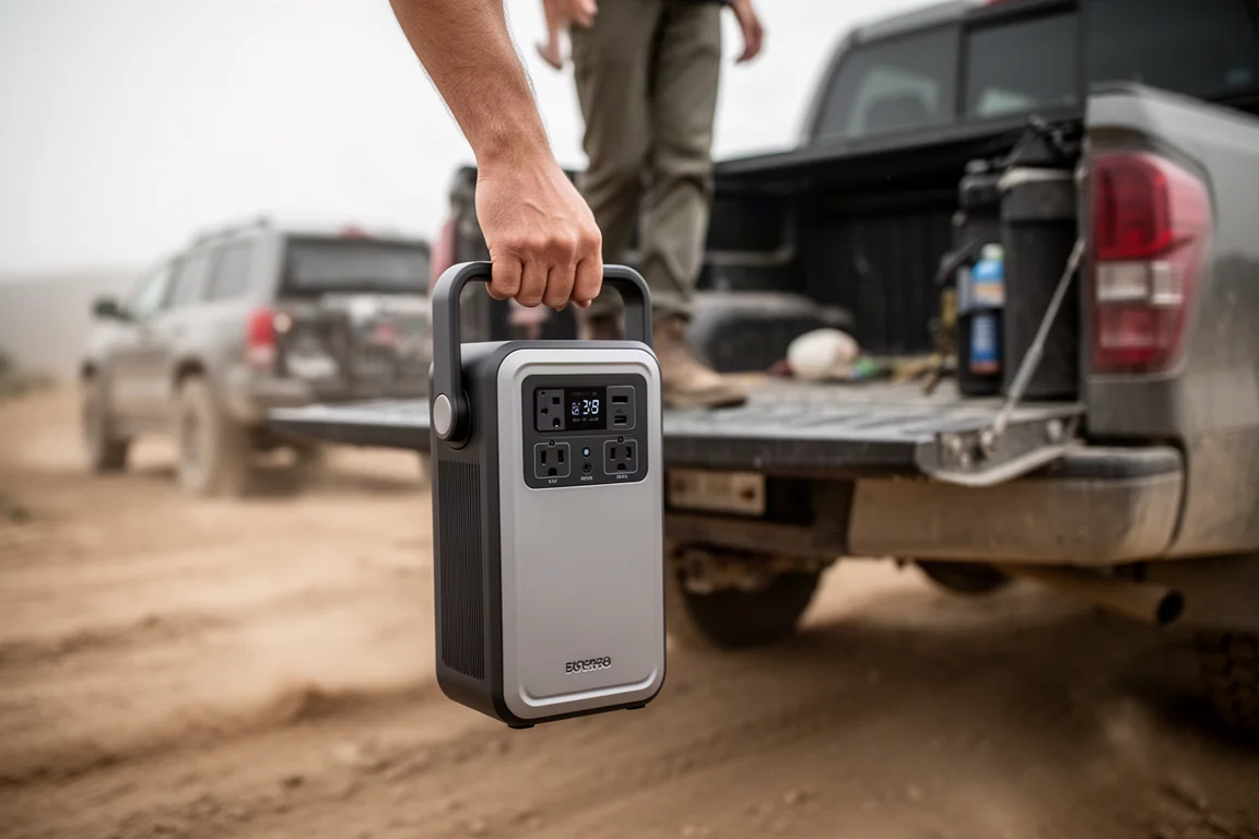 Persoon die een slanke draagbare power station richting een pick-up laadbak draagt