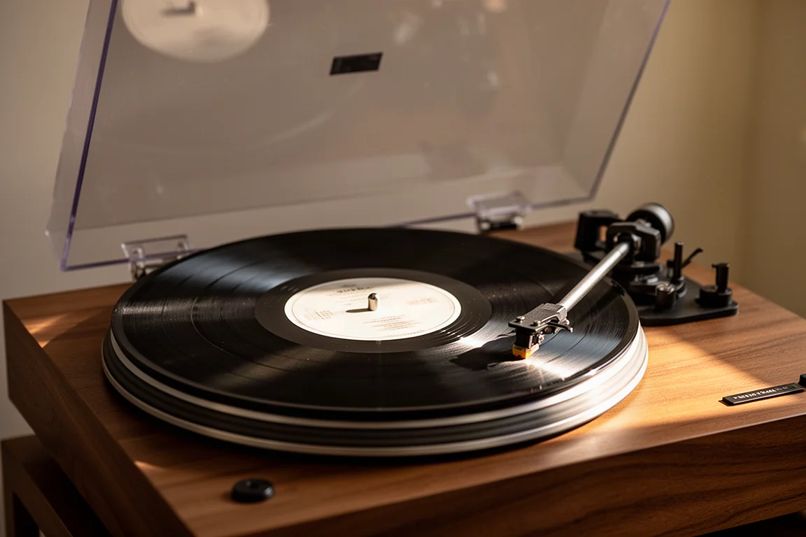 Disque vinyle tournant sur une platine dans la lumière chaude d'une fenêtre en soirée