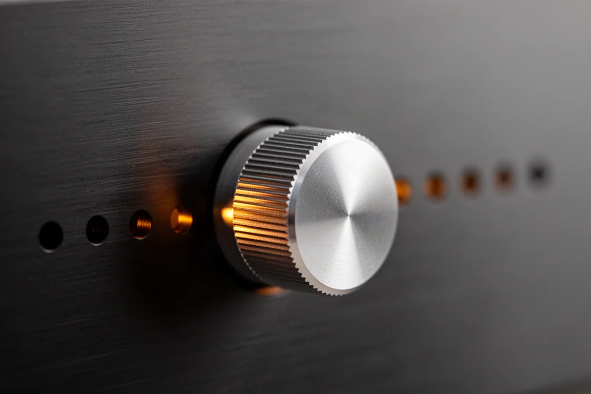 Gros plan sur un bouton de commande métallique moleté éclairé d'une lumière ambrée à travers les ouïes